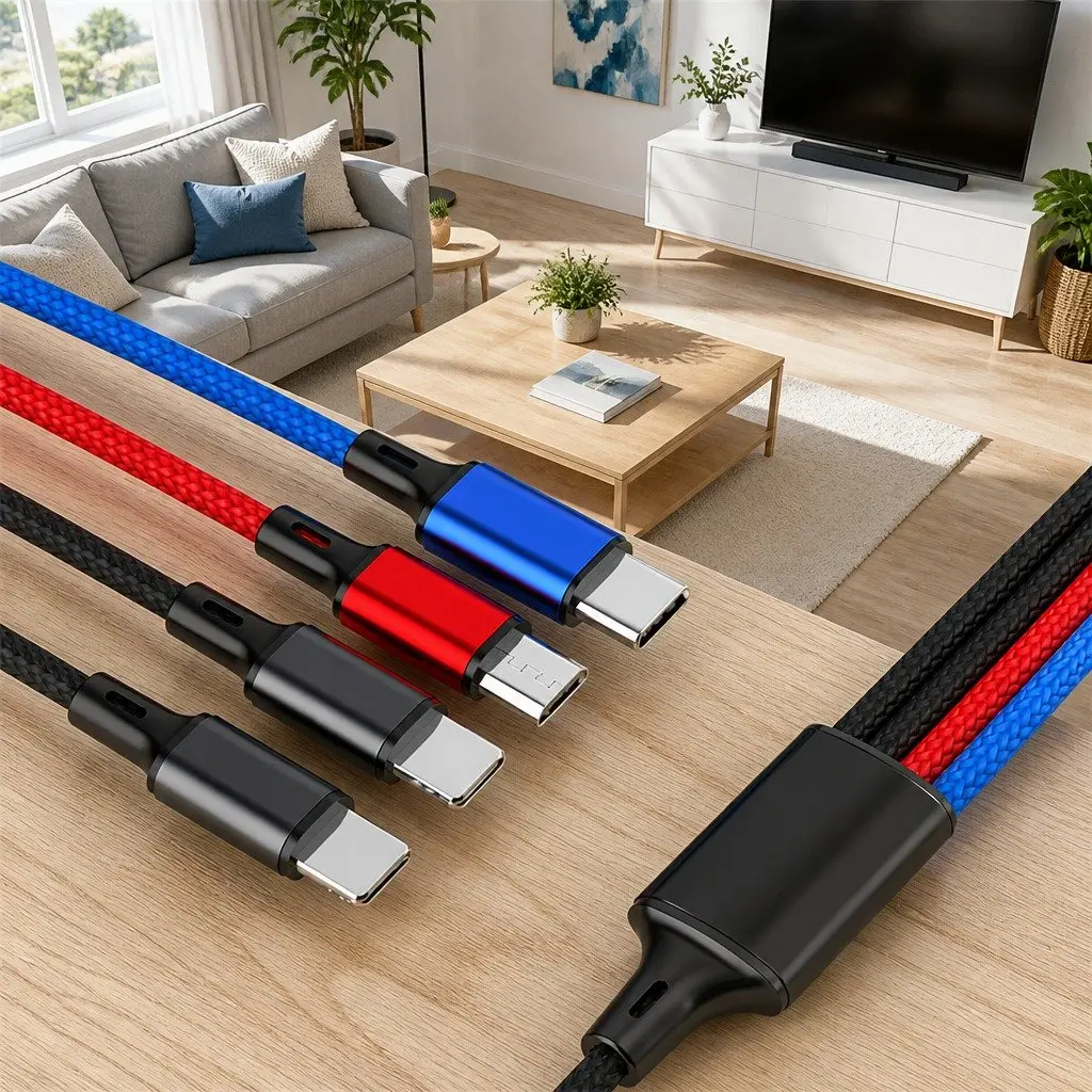 4-in-1 USB Charging Cable Cord for Apple Micro USB USB-C Devices 3.3mm Braided Colorful
