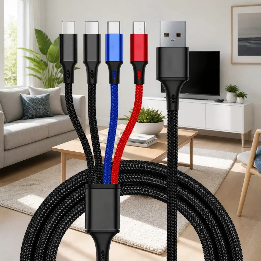 4-in-1 USB Charging Cable Cord for Apple Micro USB USB-C Devices 3.3mm Braided Colorful