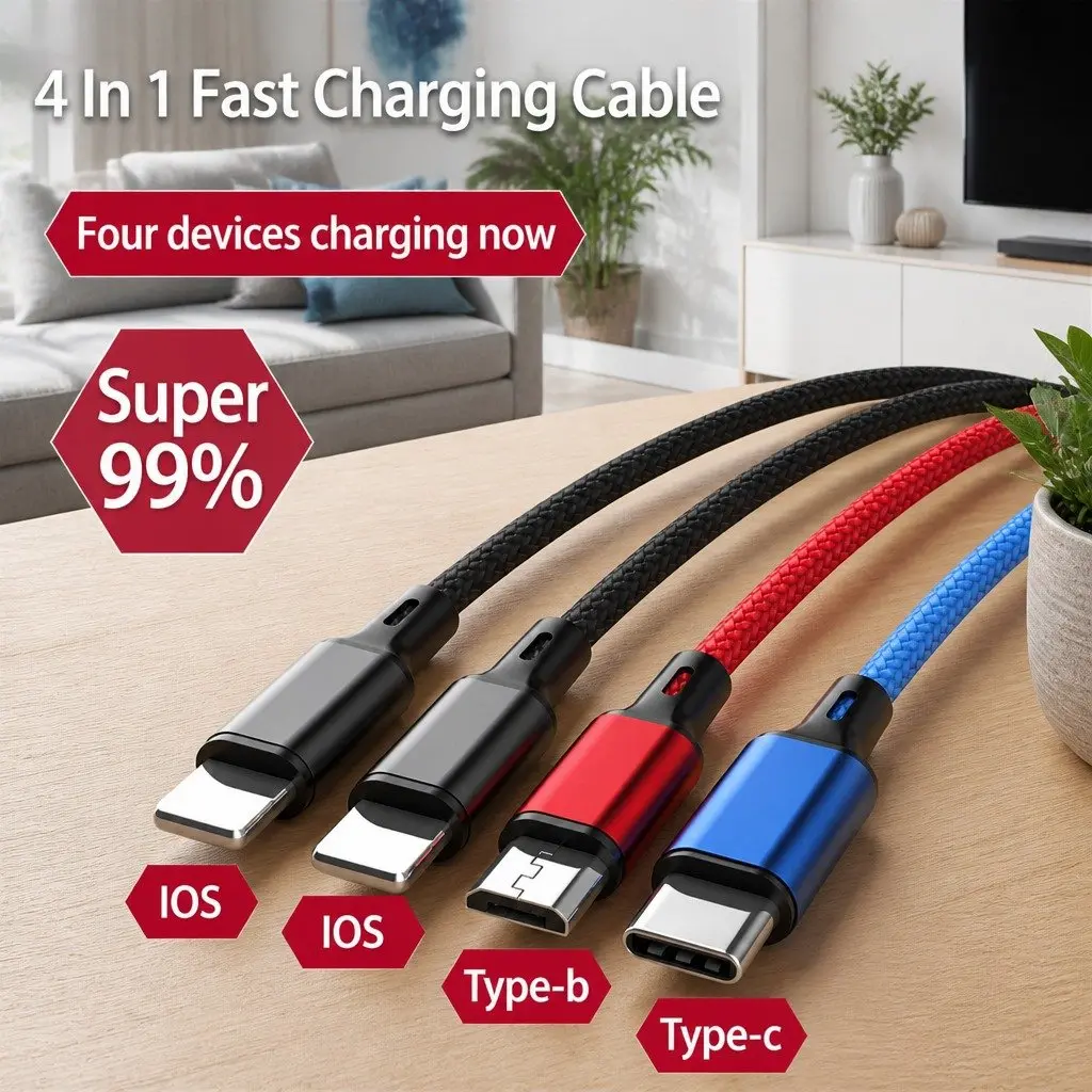 4-in-1 USB Charging Cable Cord for Apple Micro USB USB-C Devices 3.3mm Braided Colorful