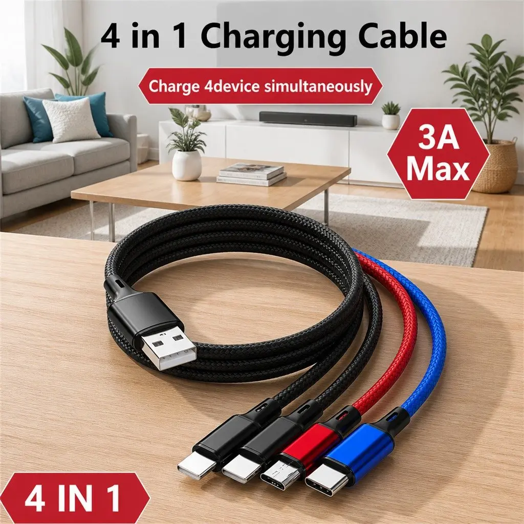 4-in-1 USB Charging Cable Cord for Apple Micro USB USB-C Devices 3.3mm Braided Colorful