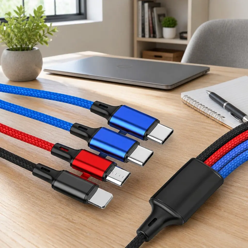 4-in-1 USB Charging Cable Multi Device Connector 3.3mm Colorful Nylon Woven