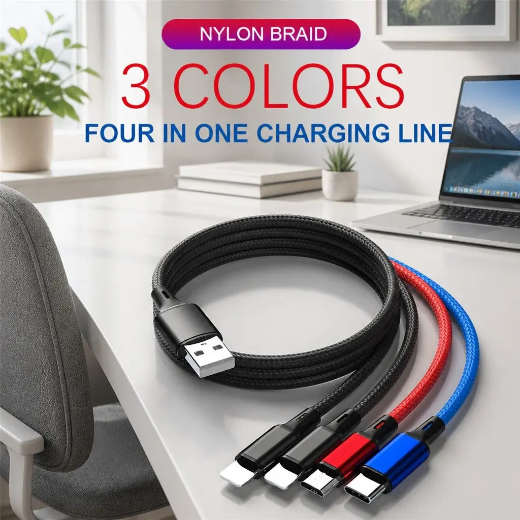 4-in-1 USB Charging Cable Multi Device Connector 3.3mm Colorful Nylon Woven