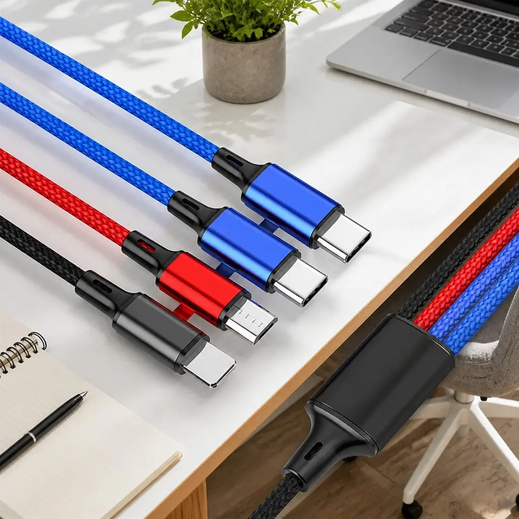 4-in-1 USB Charging Cable Multi Device Connector 3.3mm Colorful Nylon Woven