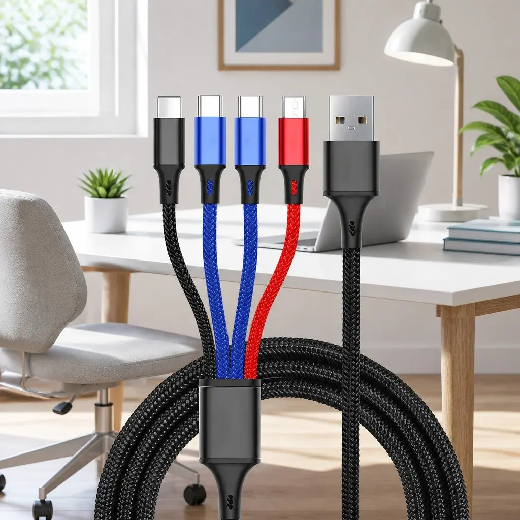 4-in-1 USB Charging Cable Multi Device Connector 3.3mm Colorful Nylon Woven