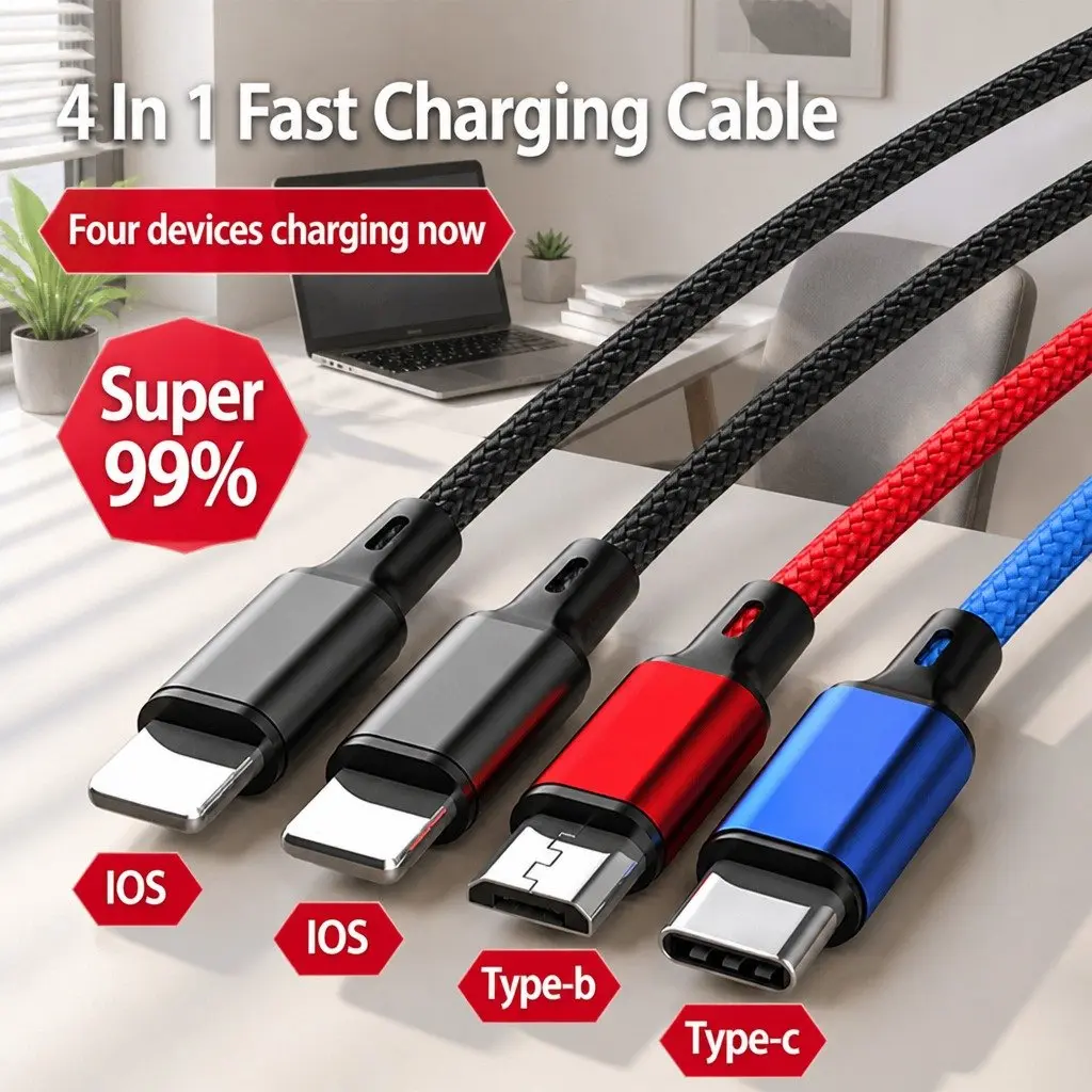4-in-1 USB Charging Cable Multi Device Connector 3.3mm Colorful Nylon Woven