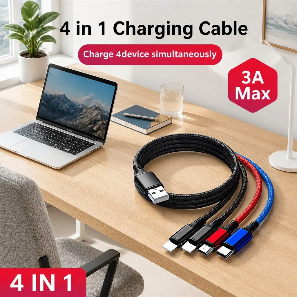 4-in-1 USB Charging Cable Multi Device Connector 3.3mm Colorful Nylon Woven