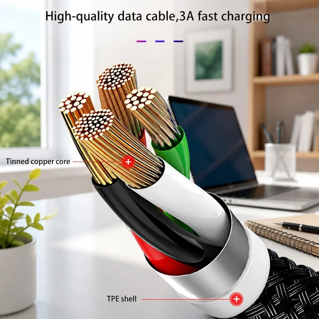 4-in-1 USB Charging Cable Multi Device Connector 3.3mm Colorful Nylon Woven