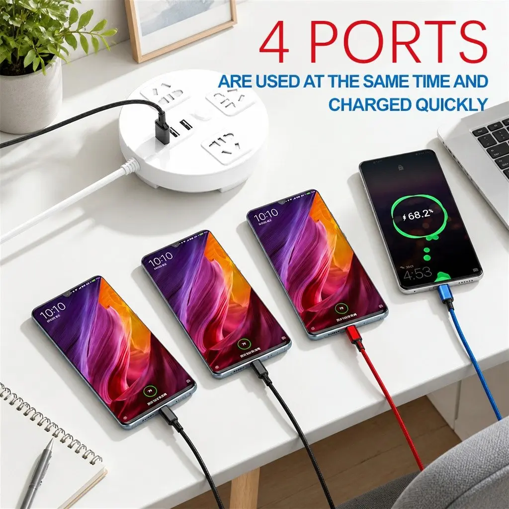 4-in-1 USB Charging Cable Multi Device Connector 3.3mm Colorful Nylon Woven