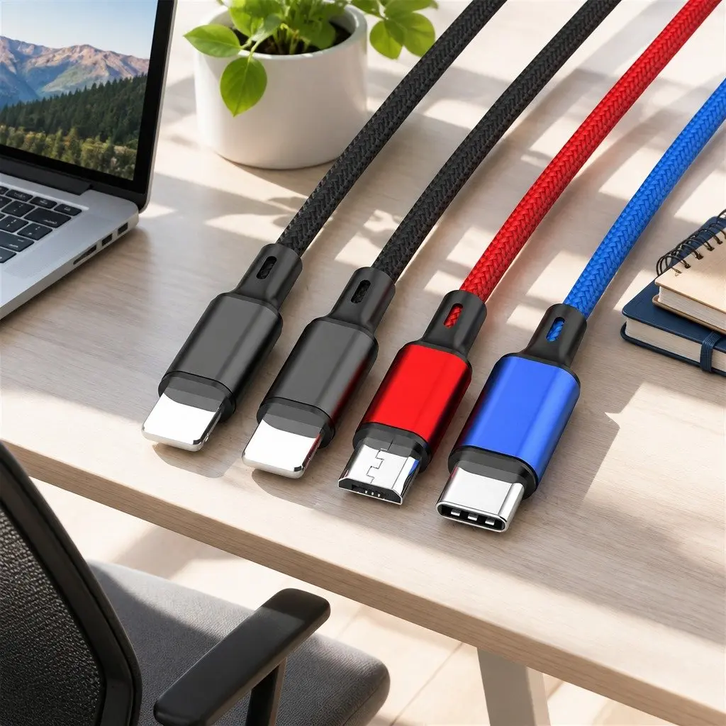 4-in-1 USB Charging Cable Multi Device Connector 3.3mm Colorful Nylon Woven