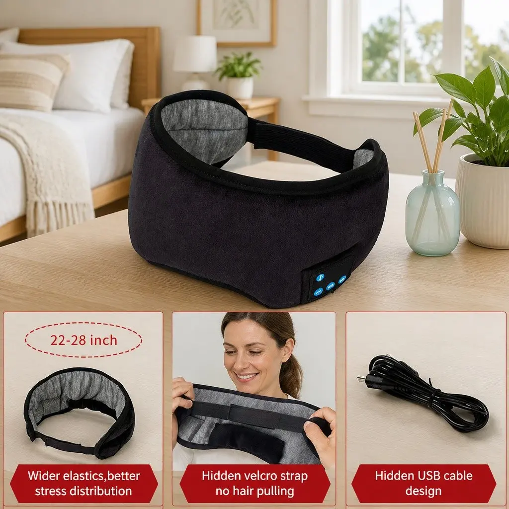 Bluetooth Wireless Stereo Eye Mask Headphones Sleep Music 13x16.5x6cm Grey