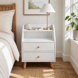 Bedside Table Nightstand with Two Drawers Wooden Legs Open Storage Warm White