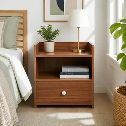 Warm Walnut Bedside Table with Drawer and Open Shelf