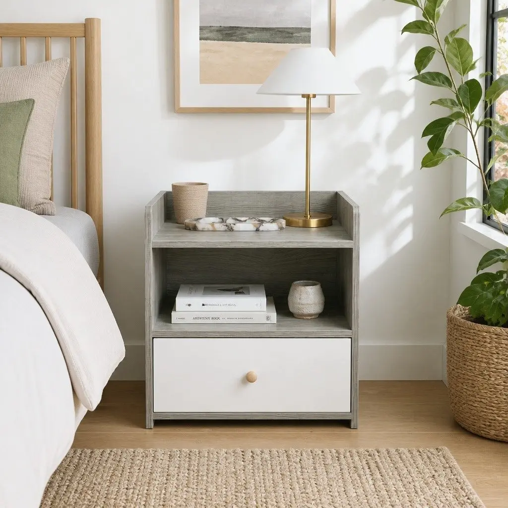Compact Nightstand 48cm Light Gray Wood Grain with Drawer and Open Tray