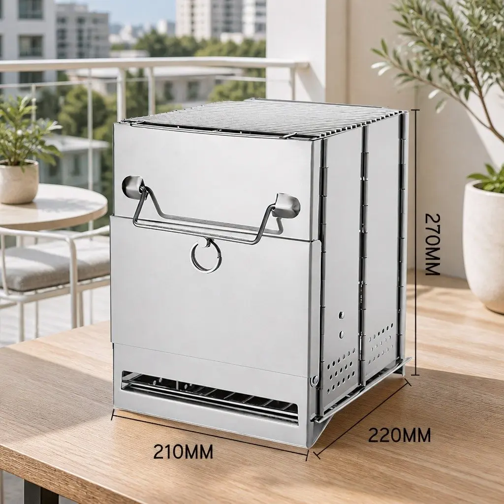 Portable Folding Charcoal Camping Stove Outdoor BBQ Silver 21x20x27cm