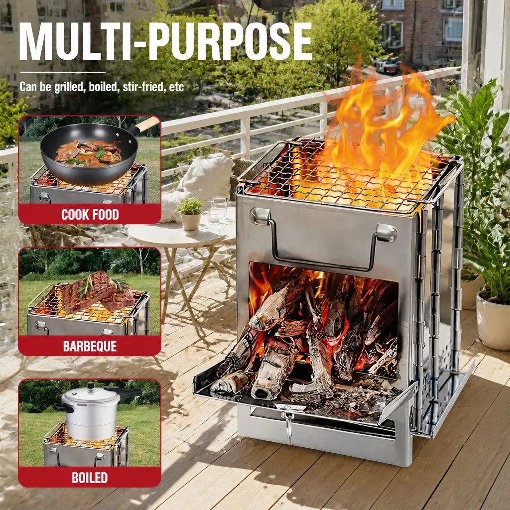 Portable Folding Charcoal Camping Stove Outdoor BBQ Silver 21x20x27cm