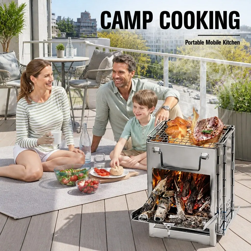 Portable Folding Charcoal Camping Stove Outdoor BBQ Silver 21x20x27cm