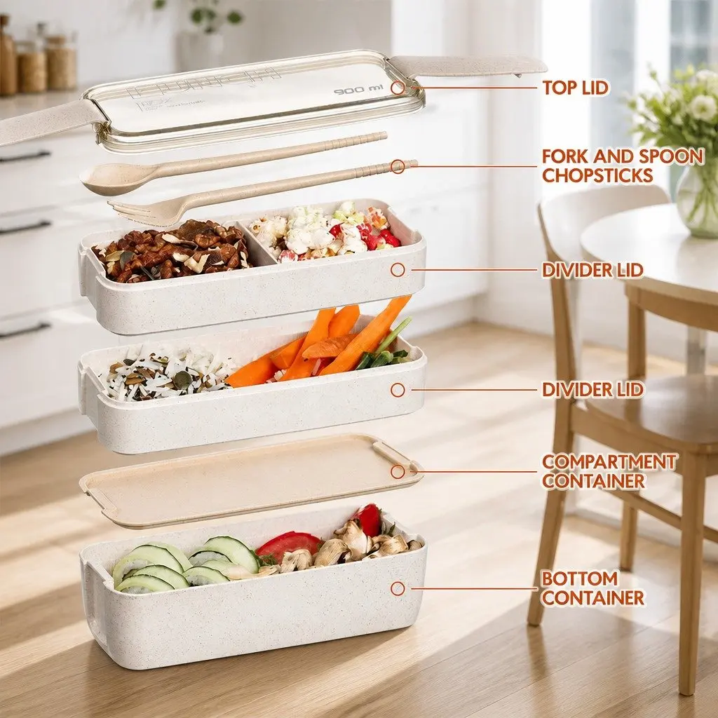 3-Layer Bento Lunch Box 900ml for Meal Prep
