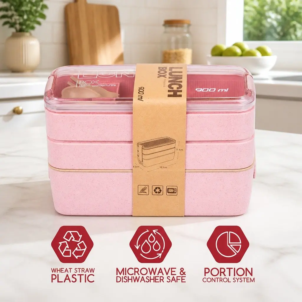 Bento Box Lunch Container Leakproof Food Storage 3 Layer 800-1000ml Pink