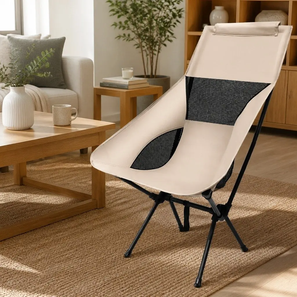 Foldable Moon Chair Lightweight Portable Outdoor Camping Fishing Seat Khaki 55 x 67 x 89cm