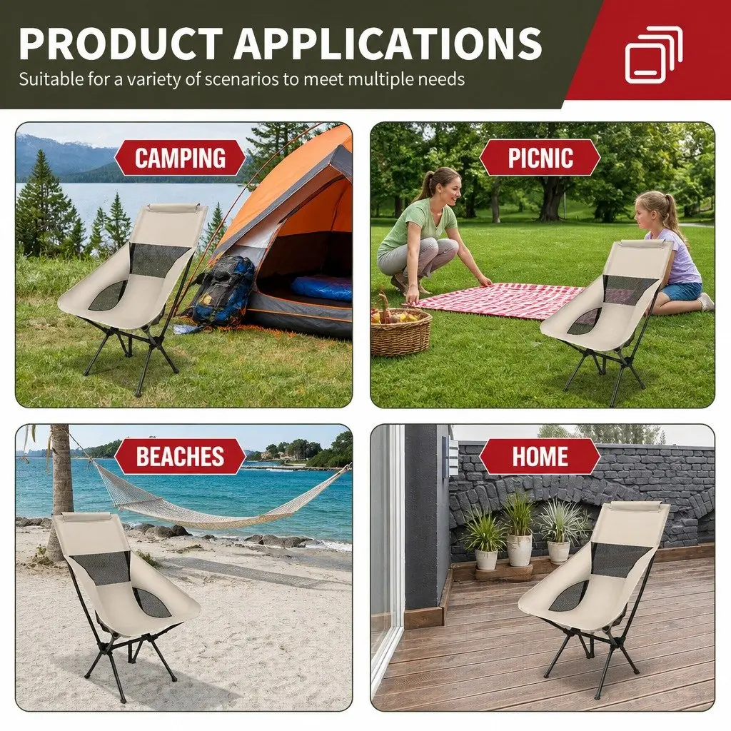 Foldable Moon Chair Lightweight Portable Outdoor Camping Fishing Seat Khaki 55 x 67 x 89cm