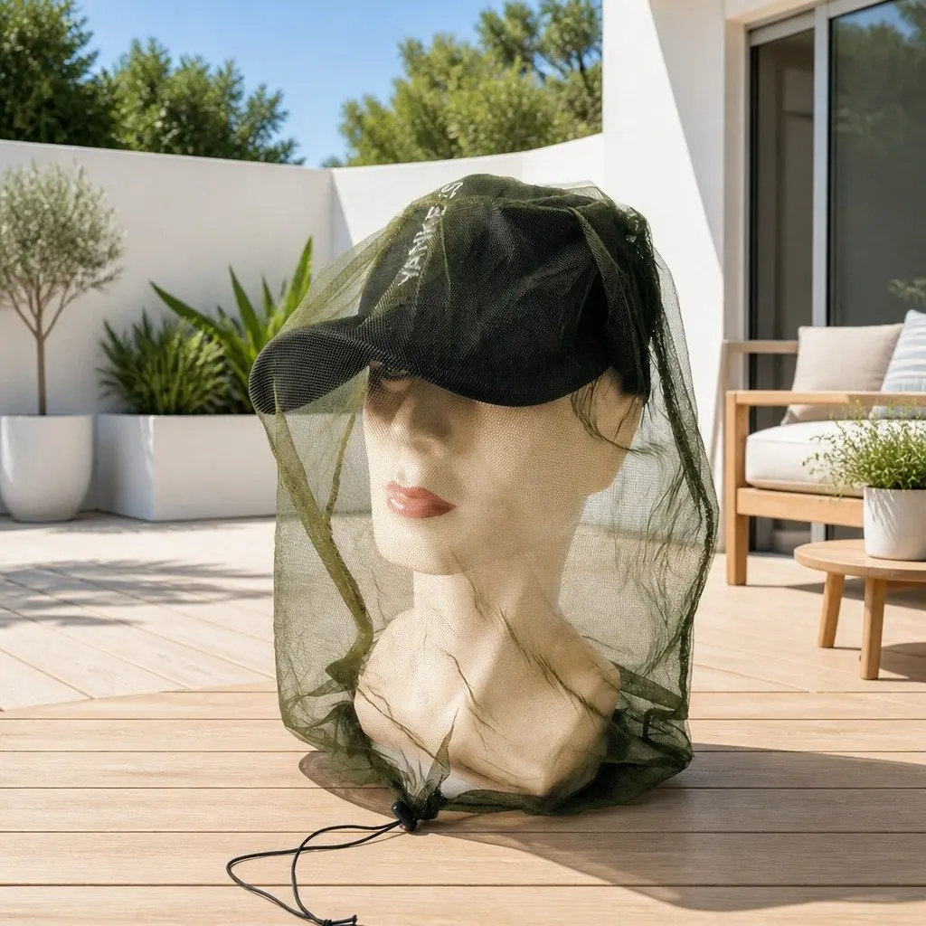 Mosquito Head Net Face Protector Outdoor Fishing Insect Mesh Hat Green 45X33cm