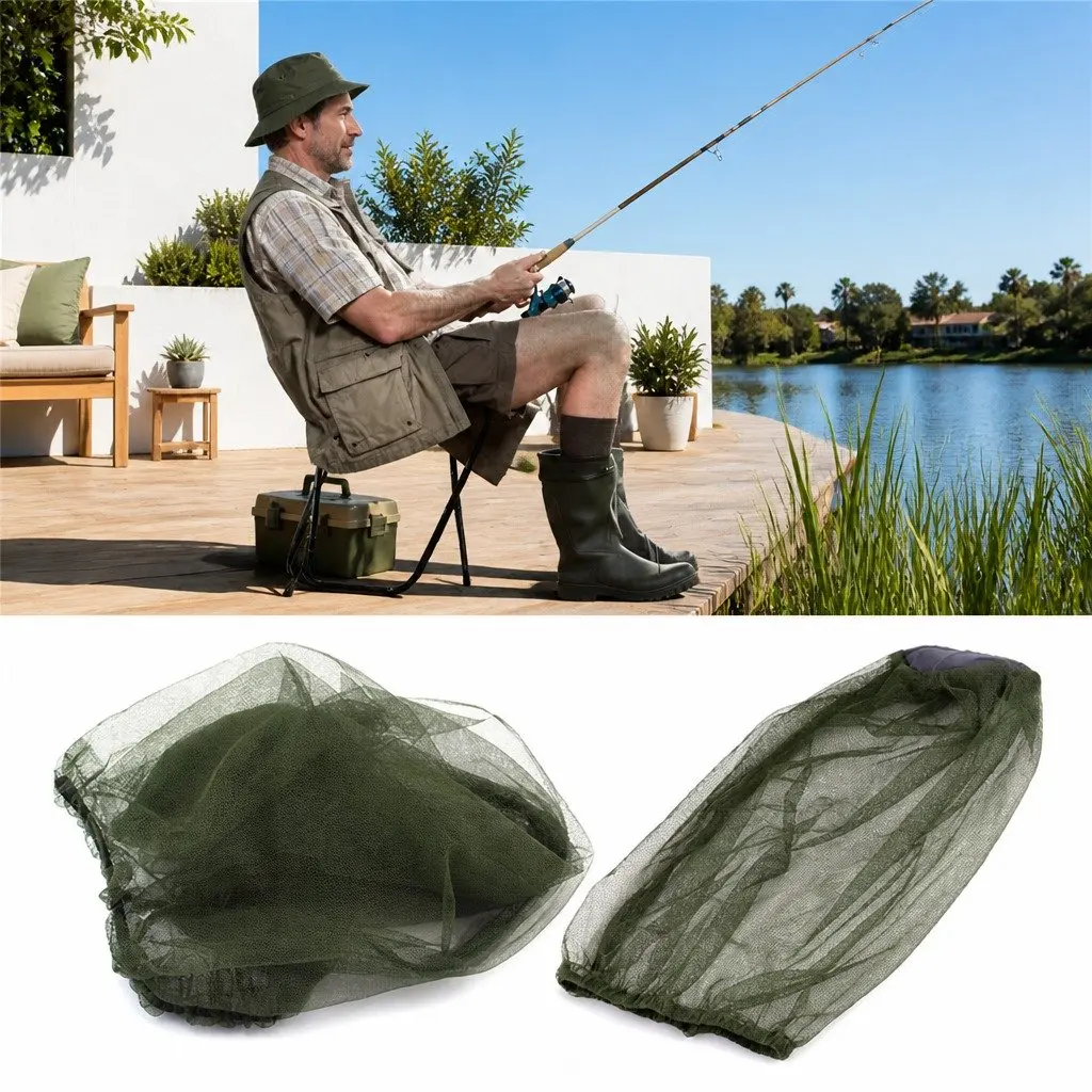 Mosquito Head Net Face Protector Outdoor Fishing Insect Mesh Hat Green 45X33cm