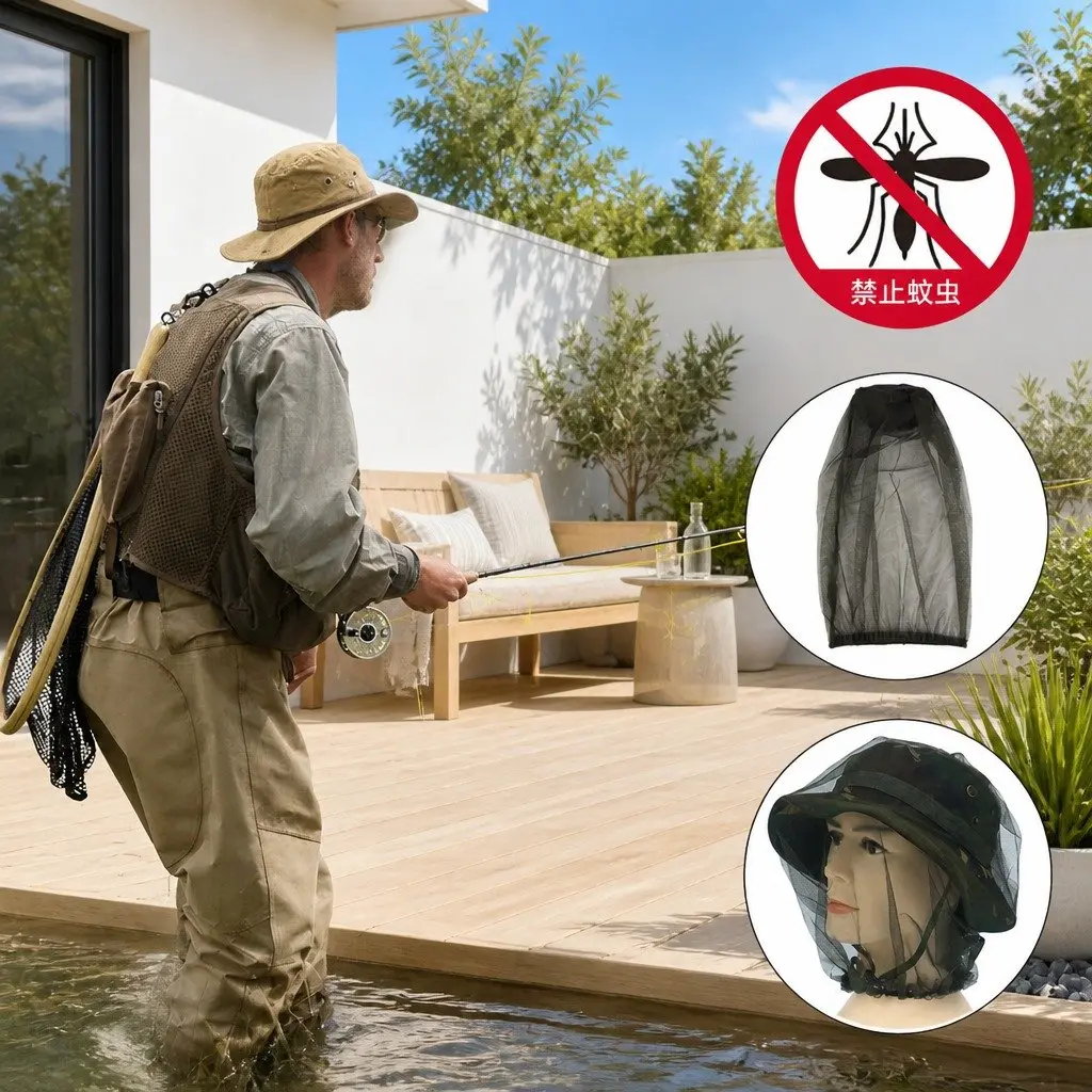 Mosquito Head Net Face Protector Outdoor Fishing Insect Mesh Hat Green 45X33cm
