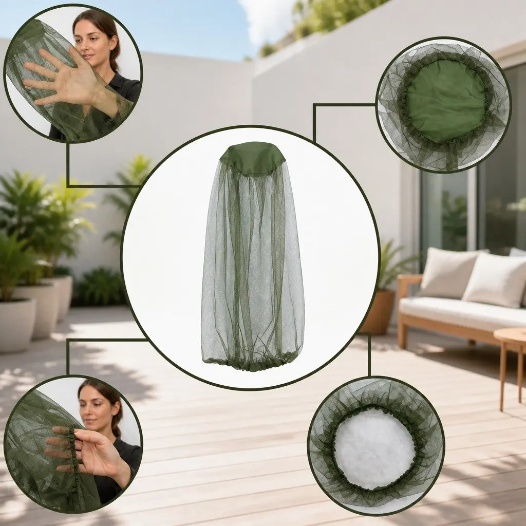 Mosquito Head Net Face Protector Outdoor Fishing Insect Mesh Hat Green 45X33cm
