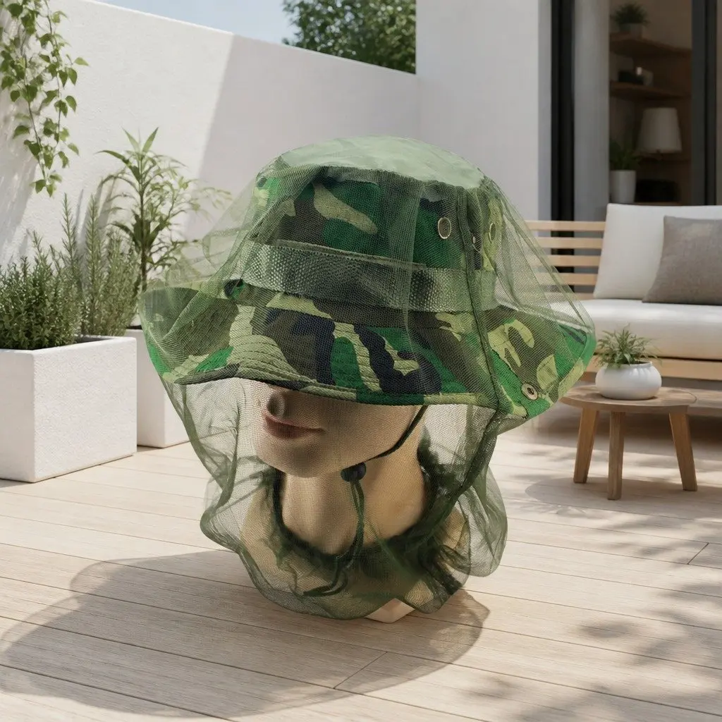 Mosquito Head Net Face Protector Outdoor Fishing Insect Mesh Hat Green 45X33cm