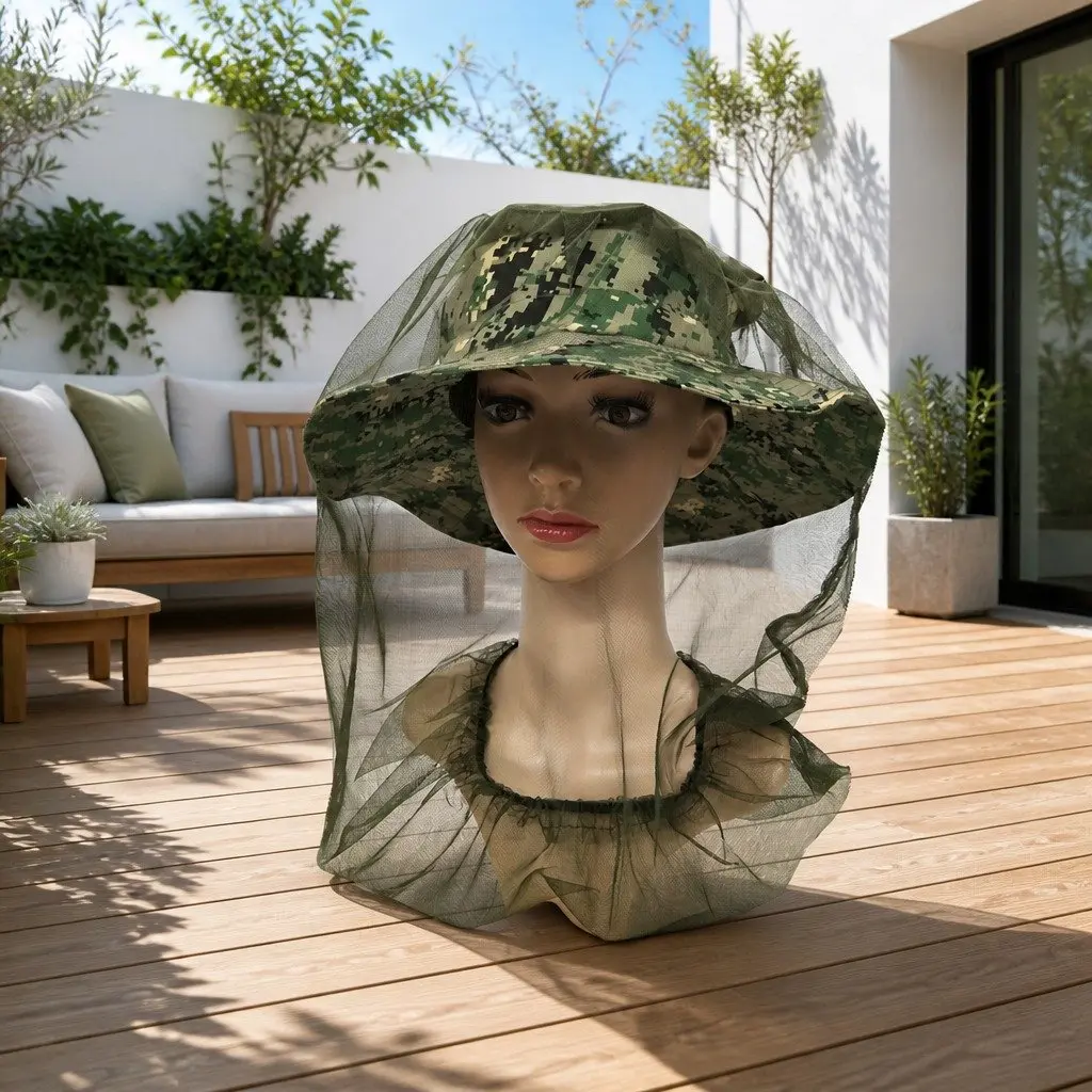 Mosquito Head Net Face Protector Outdoor Fishing Insect Mesh Hat Green 45X33cm