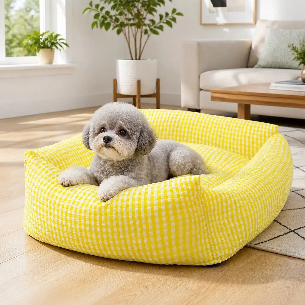 Pet Bed Removable Washable Cushion for Dogs Cats Small Yellow Check
