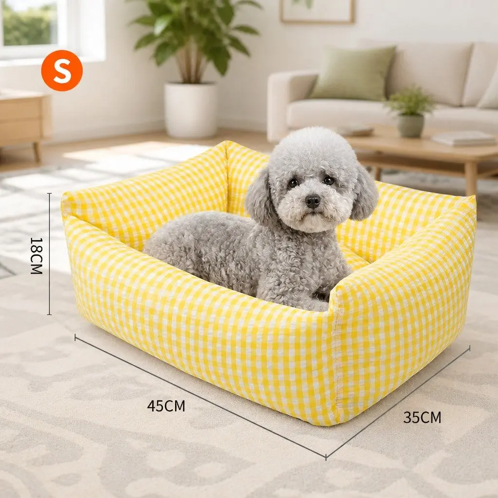 Pet Bed Removable Washable Cushion for Dogs Cats Small Yellow Check
