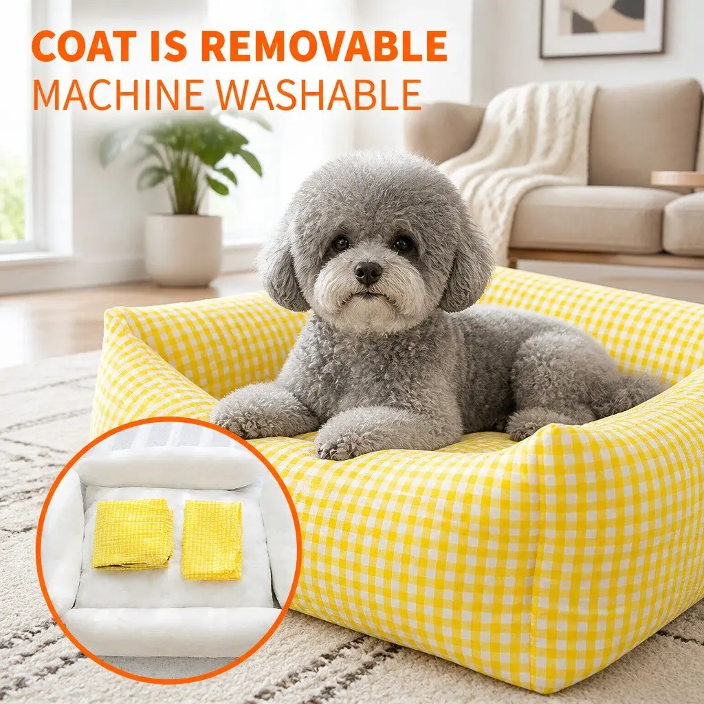 Pet Bed Removable Washable Cushion for Dogs Cats Small Yellow Check