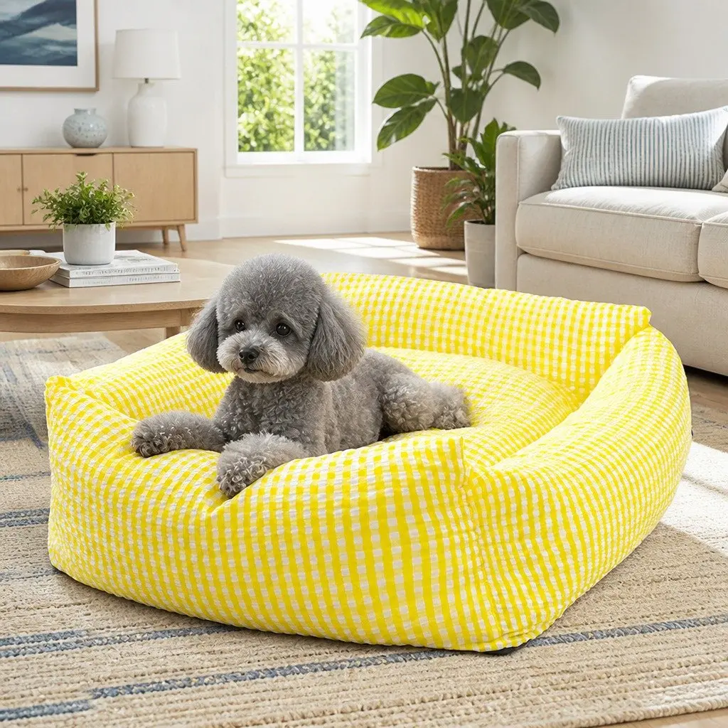 Pet Bed Removable Washable Cushion for Dogs Cats Small Yellow Check