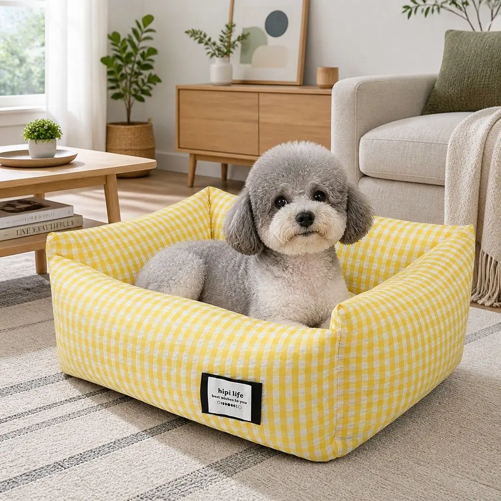 Pet Bed Removable Washable Cushion for Dogs Cats Small Yellow Check