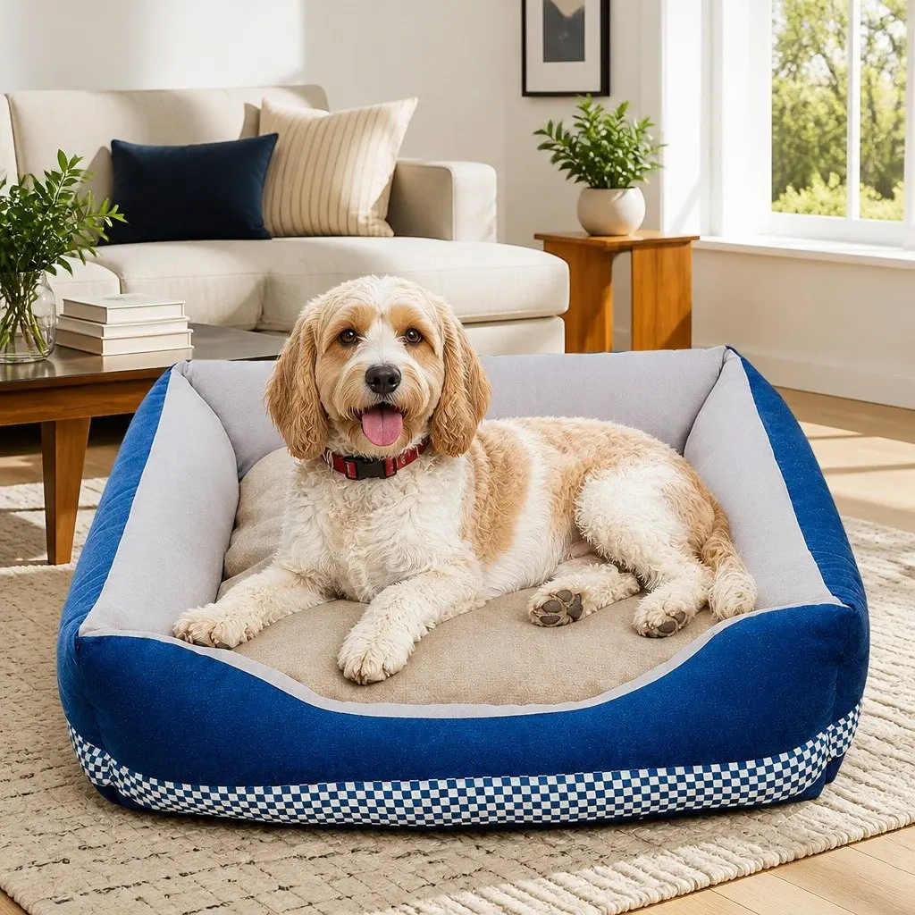 Dog Bed Calming Cushion Large Blue Soft Washable Pet Comfort