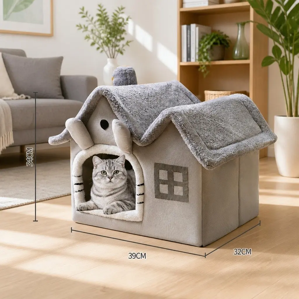 Pet Bed Removable Washable Indoor Shelter Soft Warm Grey 39x32x34cm