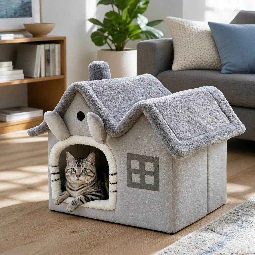 Pet Bed Removable Washable Indoor Shelter Soft Warm Grey 39x32x34cm