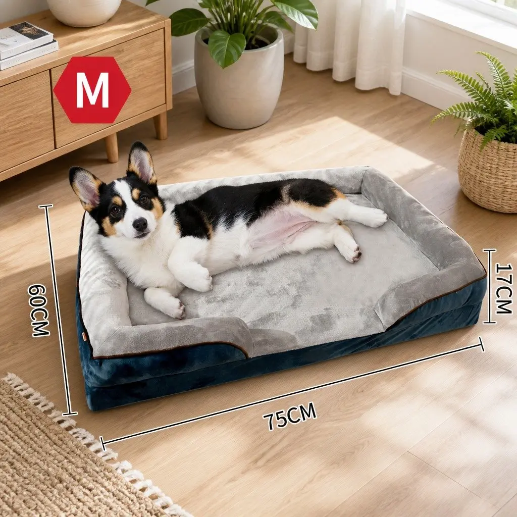 Dog Bed Sofa M Size Grey Three-Sided Cushion Support Pet Lounger