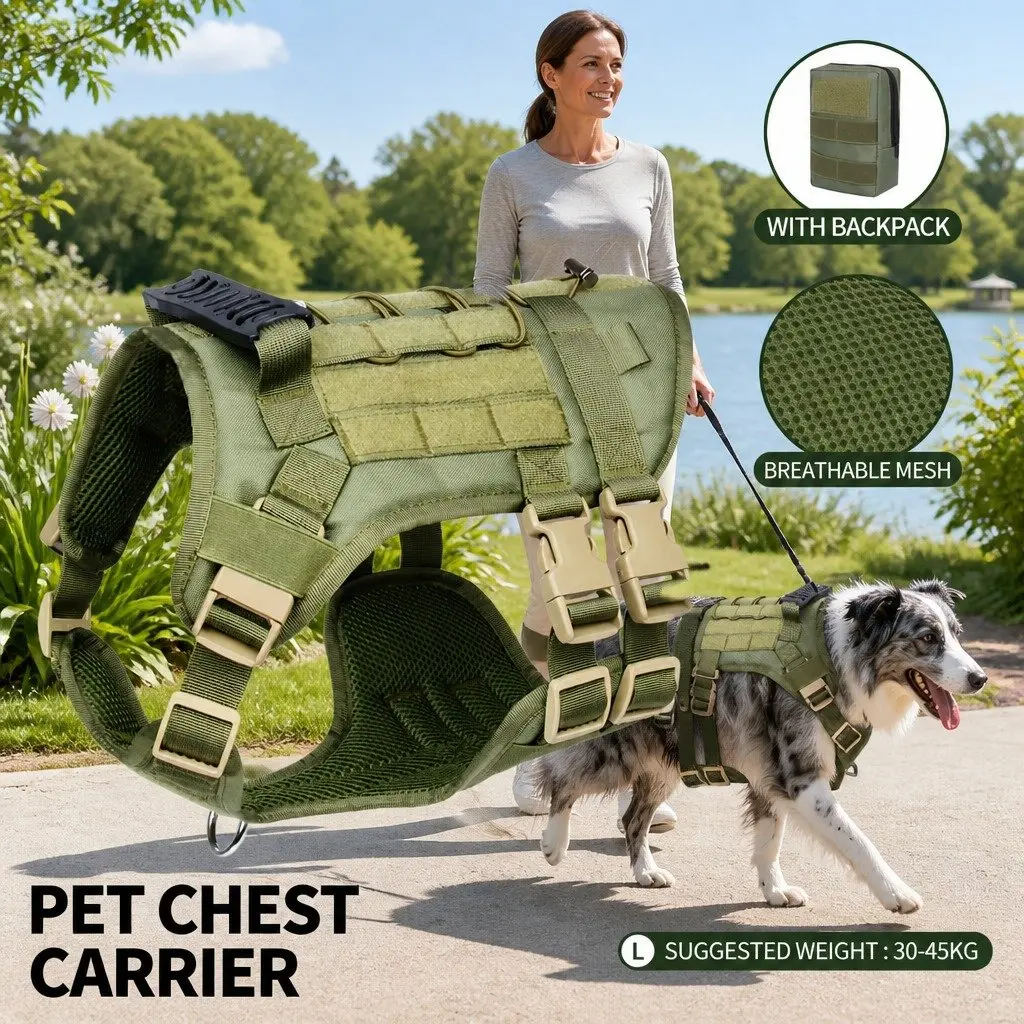 Chest Rig Outdoor Pet Strap Hands-Free Control Large Army Green