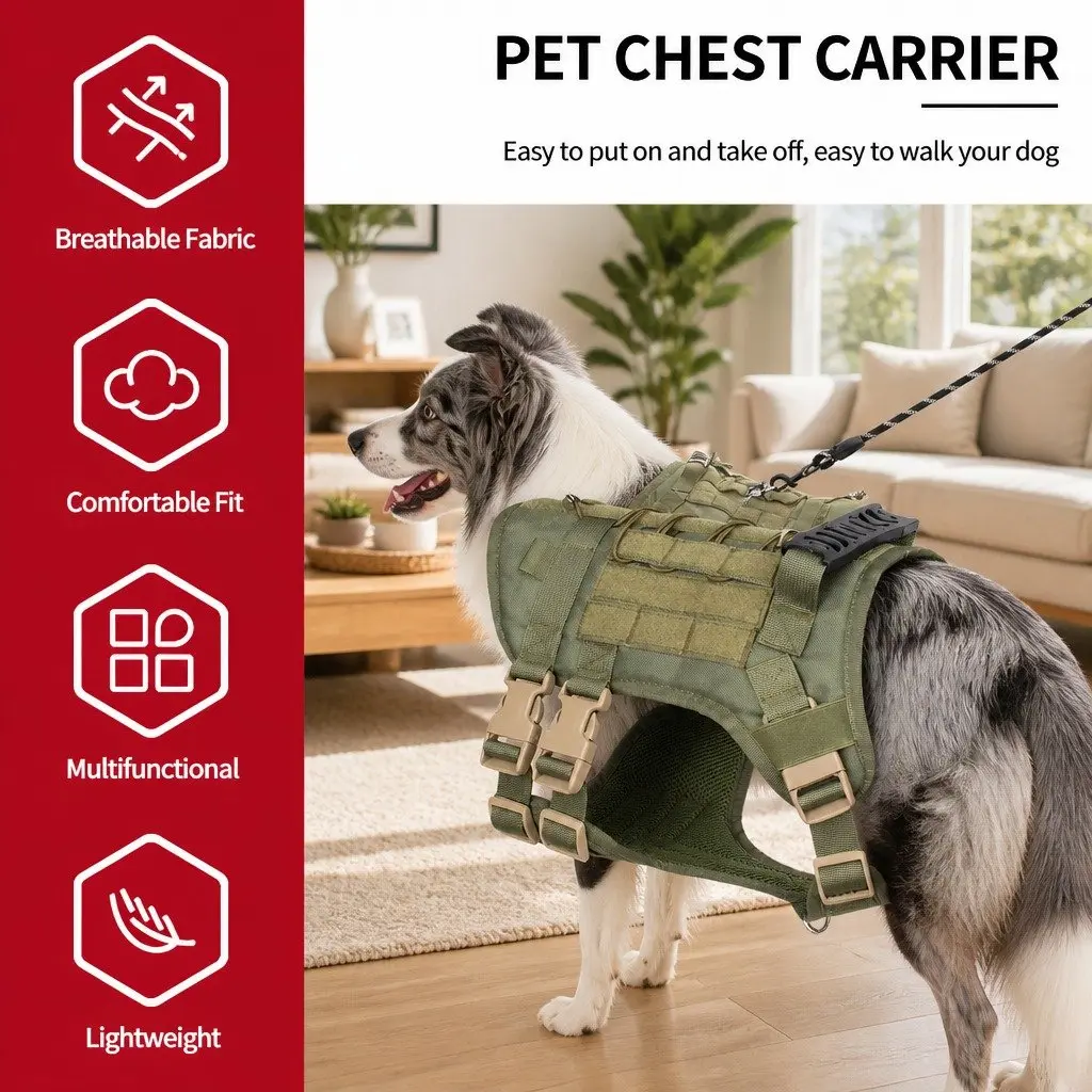 Chest Rig Outdoor Pet Strap Hands-Free Control Large Army Green