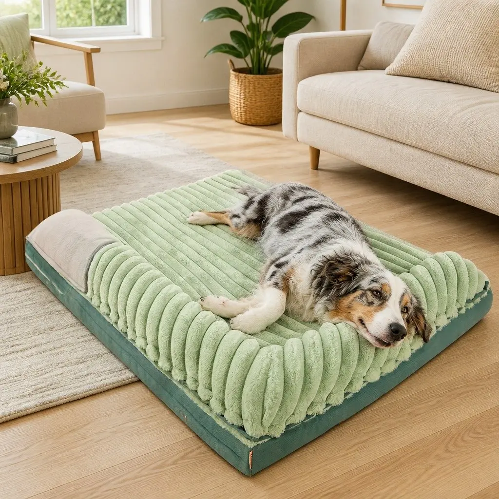 Dog Bed Green Velvet Removable Washable Reversible Cushion 120x90x15.5cm