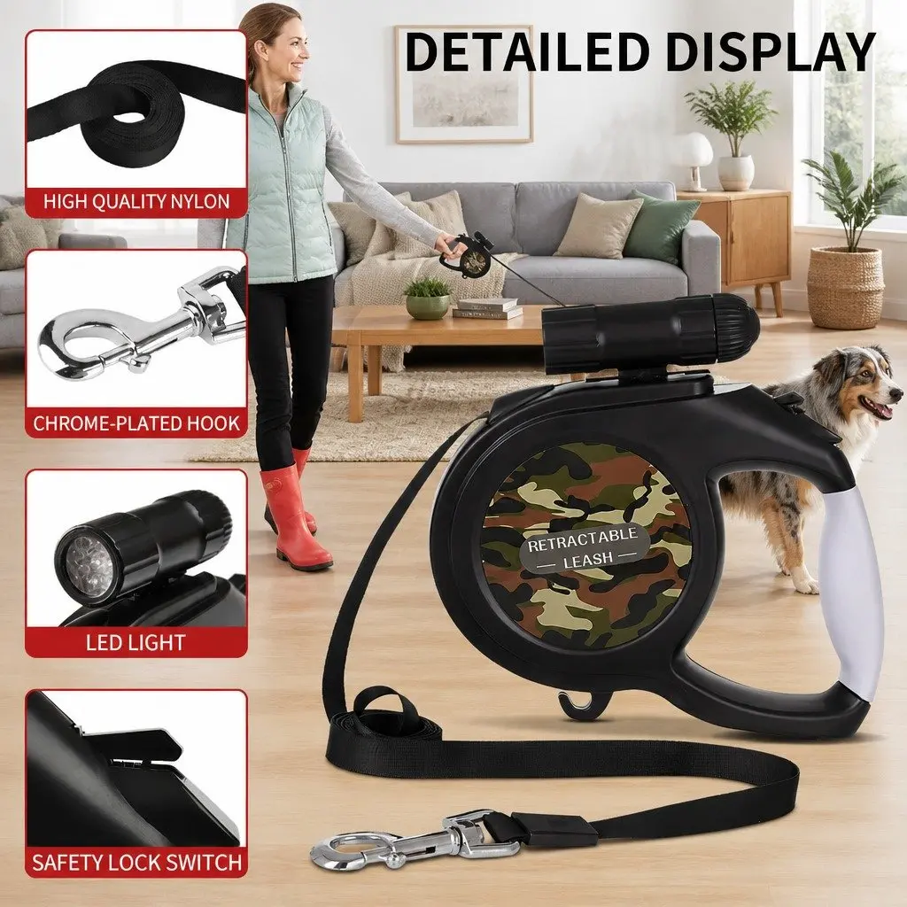 Pet Auto-Retractable Leash 8 Metres Dog Walking Lead Green Camo