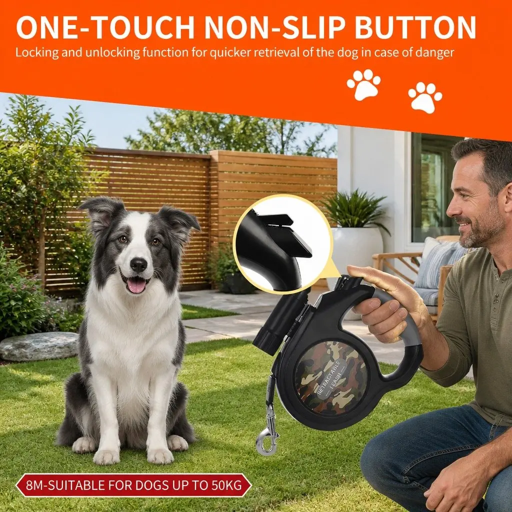 Pet Auto-Retractable Leash 8 Metres Dog Walking Lead Green Camo