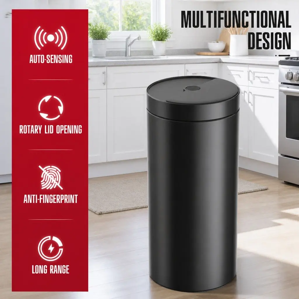 40L Automatic Sensor Trash Can Touch Free Kitchen Garbage Bin Black