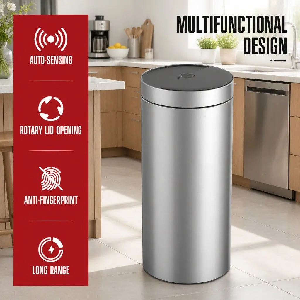 40L Touchless Kitchen Trash Can Automatic Sensing Stainless Steel Waste Bin Silver