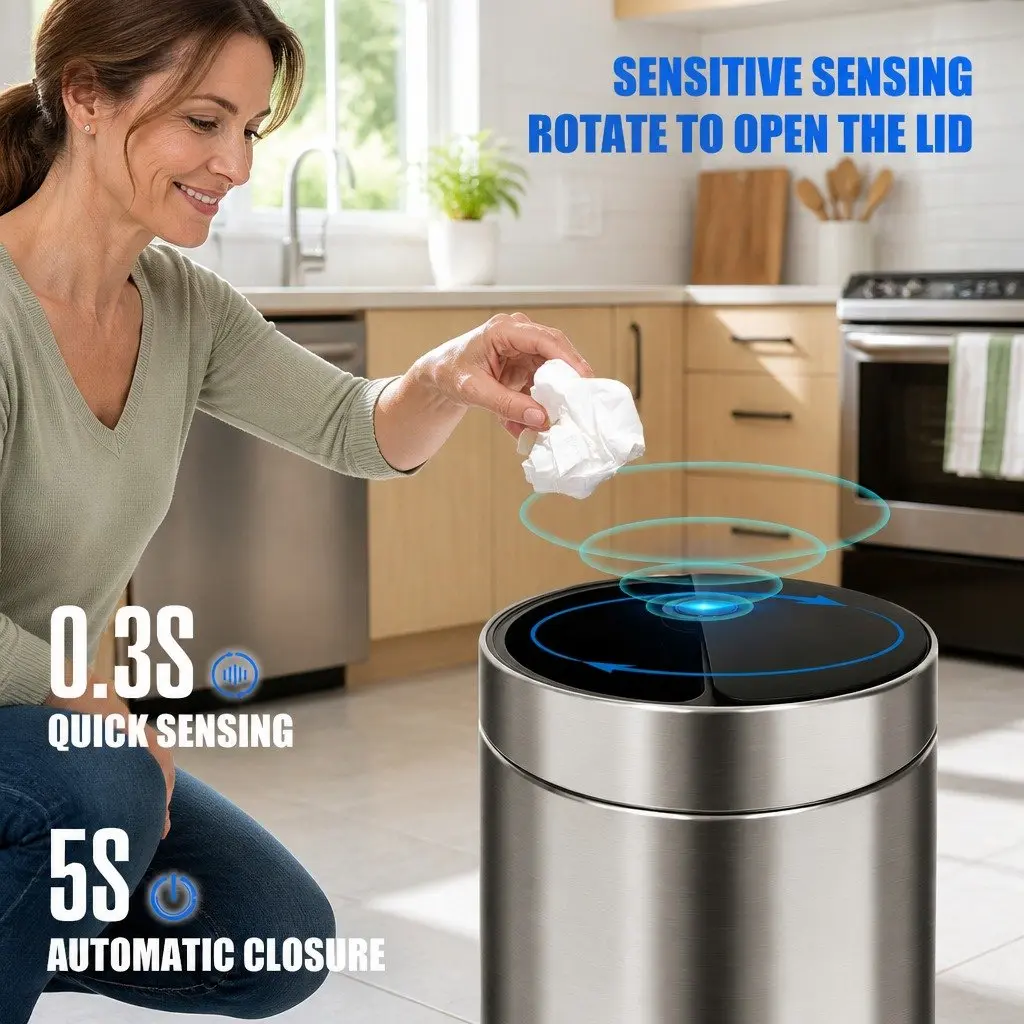 40L Touchless Kitchen Trash Can Automatic Sensing Stainless Steel Waste Bin Silver