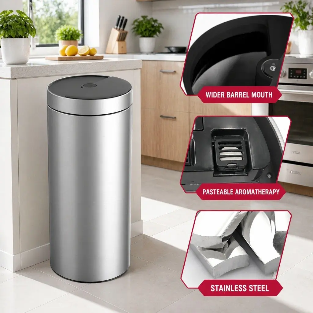 40L Touchless Kitchen Trash Can Automatic Sensing Stainless Steel Waste Bin Silver