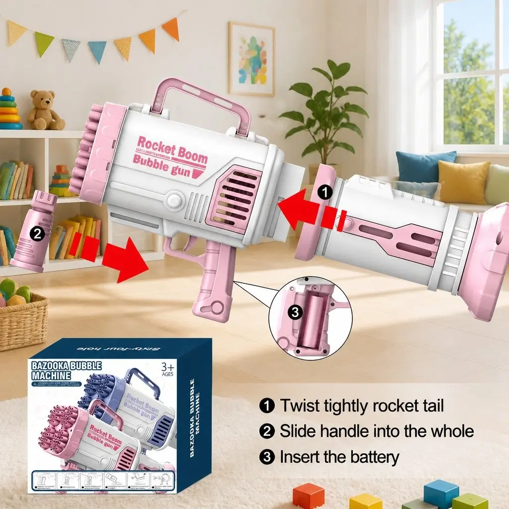 Electric Bubble Machine Hand-Held Gatling Rocket Gun Toy 64 Hole Pink