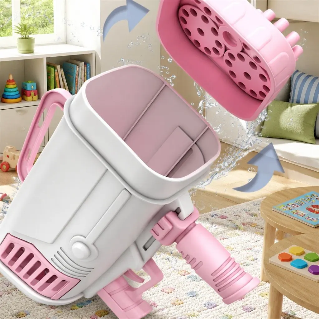 Electric Bubble Machine Hand-Held Gatling Rocket Gun Toy 64 Hole Pink
